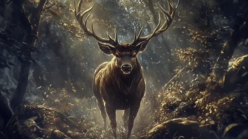 Cinematic stag rendered in volumetric forest light and dense fog