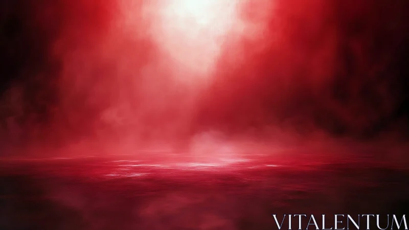 Crimson mist rises over a reflective, otherworldly horizon