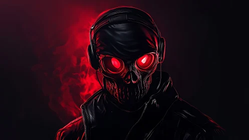 Cybernetic skull DJ portrait rendered in neon red lighting