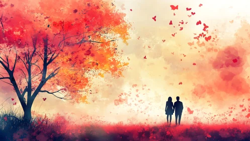 Dual Silhouettes Beneath Chromatic Foliage Canopy with Particulate Dispersal.