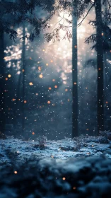 Frozen Forest at Dusk: Atmospheric Bokeh and Luminous Particles