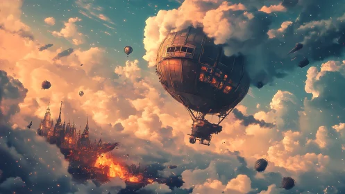 Steampunk airship fleet crossing clouds above burning city.