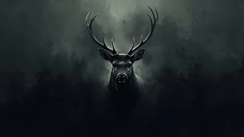 Stag portrait emerges from dark mist with stark contrast.