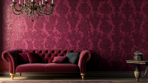 Plush burgundy sofa rests beneath ornate crystal chandelier.