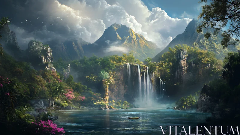 Lush tropical canyon with cascading waterfalls and misty peaks.