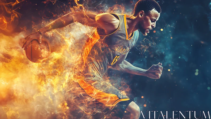 Fiery basketball player sprints through glowing cosmic flames.