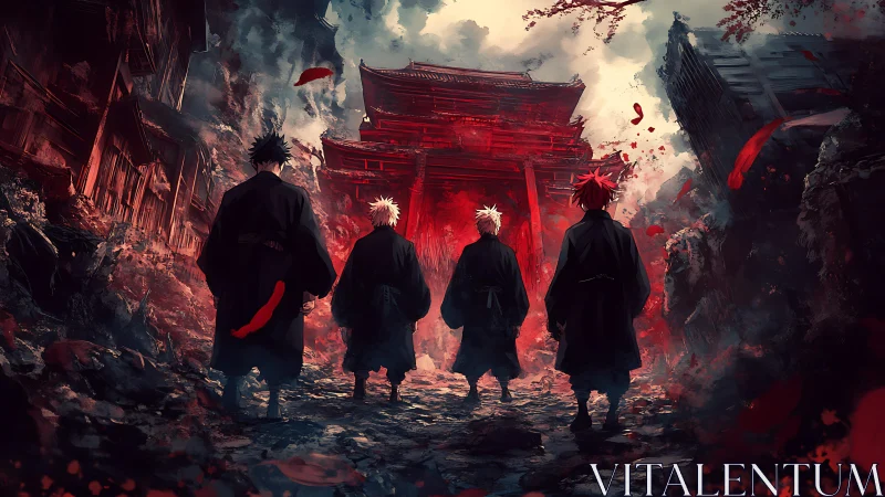 Four warriors approach burning red shrine through ruins