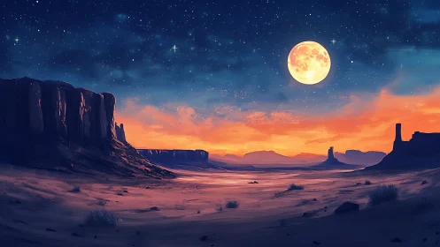Luminous desert mesa under chromatic twilight moonrise panorama.