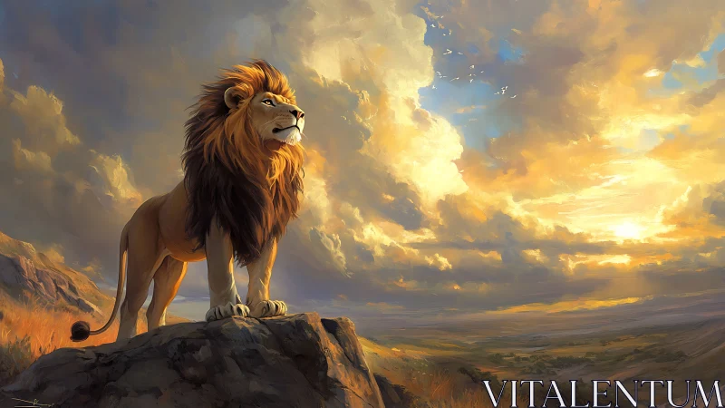 Majestic lion overlooking golden savanna at sunrise.