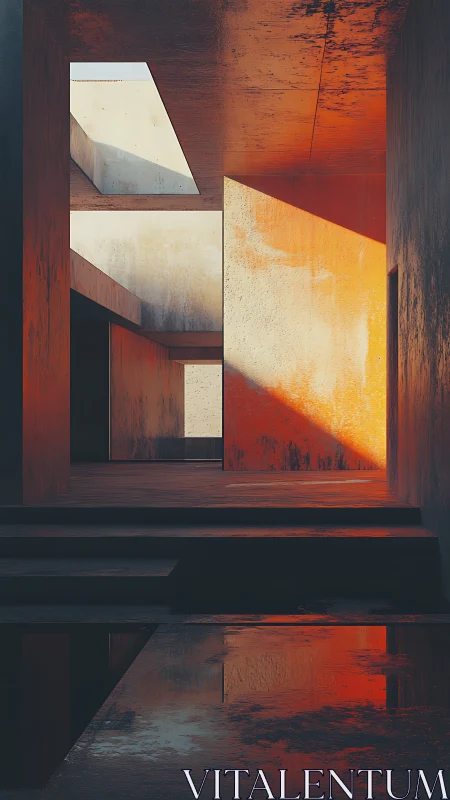 Geometric concrete courtyard with strong sunset light.