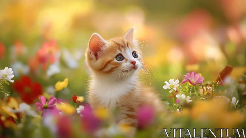 Orange Tabby Kitten Surrounded by Vibrant Wildflowers