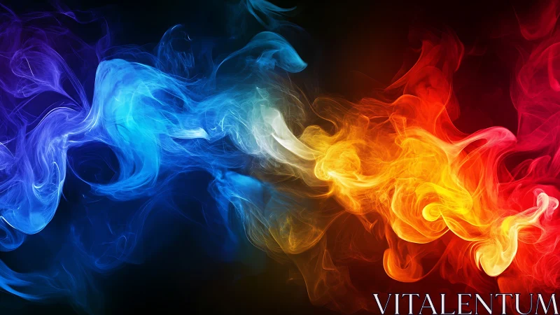 Colorful swirling smoke clouds on dark abstract background.