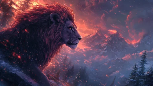 Majestic firelit lion overlooking storm-swept mountains.