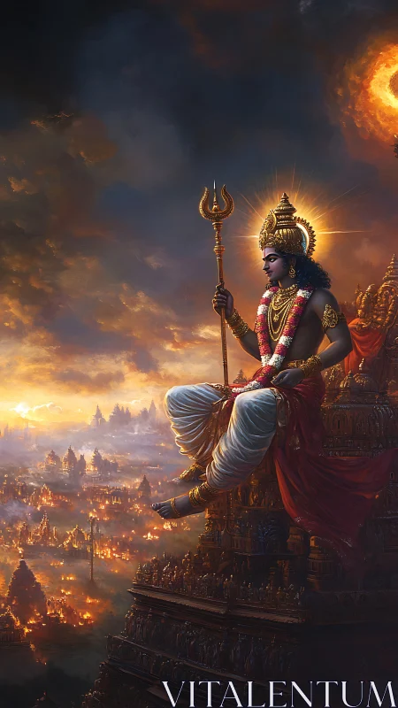 Divine warrior on temple spire above burning ancient city.