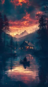 Solitary canoe drifts toward cabin beneath burning sky.