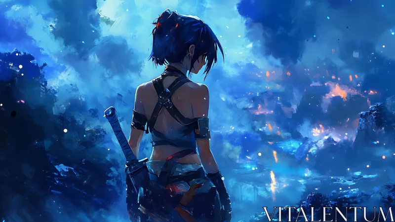 Backlit cyber-ronin surveying volatile neon stormscape.