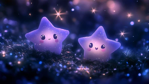 Giggling starlight twins in a dreamy violet cosmos garden.