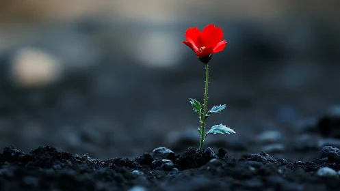 Single red flower rising from dark earth in soft focus.