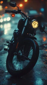Cinematic night motorcycle study with wet urban bokeh lighting.