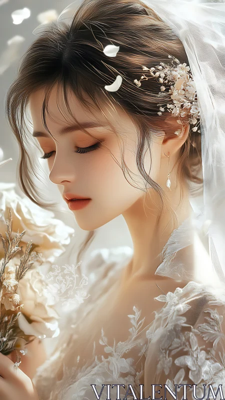 Side profile shows digitally rendered bride holding bouquet
