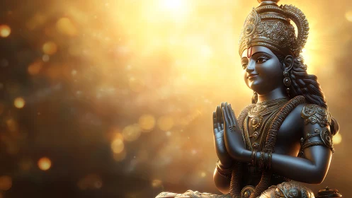 Hindu deity statue rendered in warm backlit digital 3D lighting