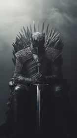 Shadow-forged warlord broods upon a jagged iron throne.