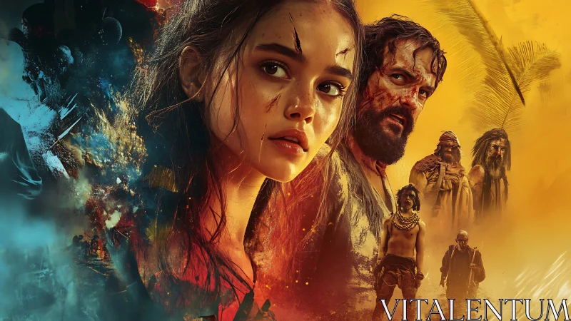 Cinematic survival key art merges dual-toned chaos and character arcs