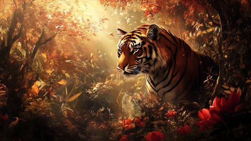 Sunlit jungle monarch prowling through ember-bright bloomscape.