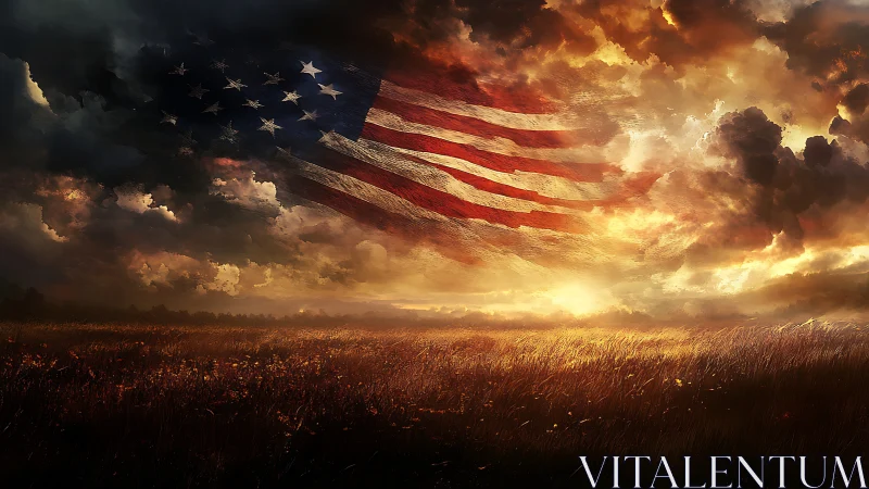 American flag glows across a storm-lit prairie sky at dusk.