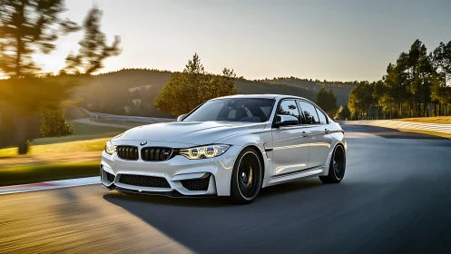 Performance sedan accelerates through sunlit racetrack curve