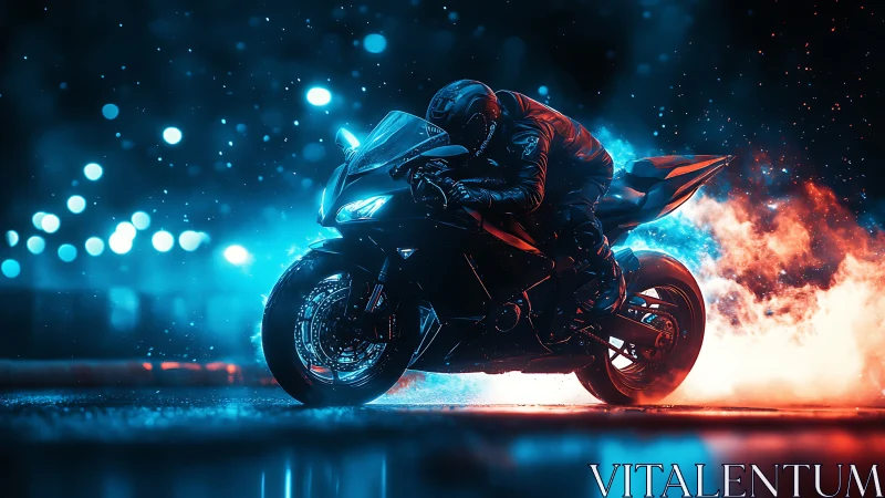 Night rider leans into glowing neon smoke and speed.
