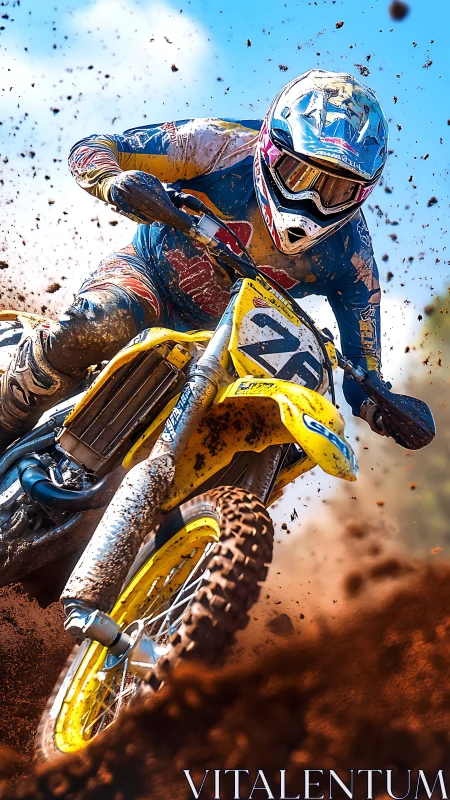 Motocross rider on yellow dirt bike in turning maneuver.