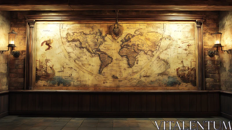 Large antique world map in warmly lit stone hall.