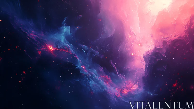 Radiant pink and blue nebula swirls through dark cosmic void
