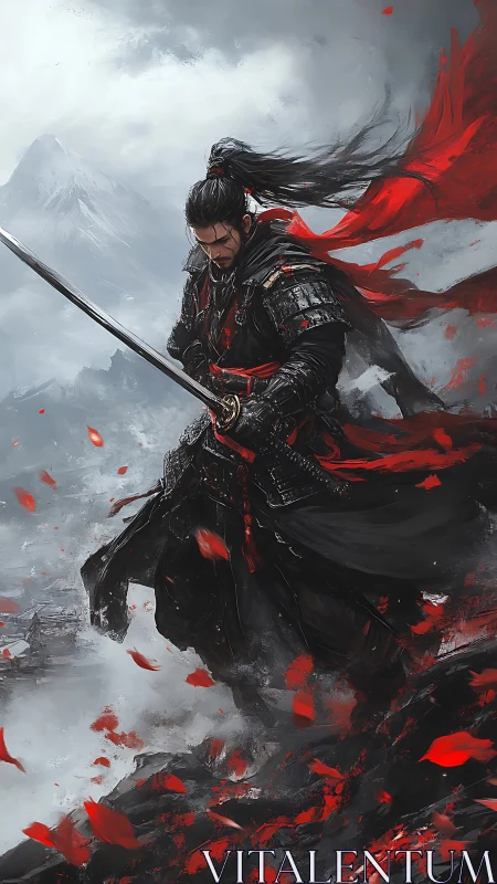 Digital painting of lone crimson-clad samurai on storm cliff.