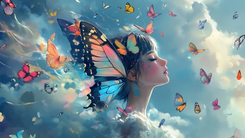 Dreamlike girl with butterfly wings amid sky migration.