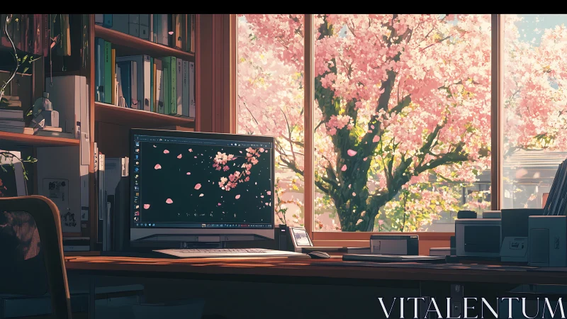 Studio workstation facing sunlit cherry blossom window view