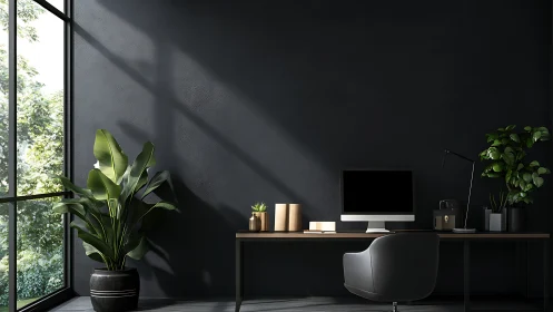 Calm home office with soft light, greenery, and dark walls.