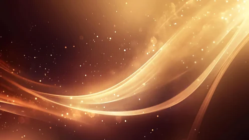 Golden Light Waves Abstract Background with Sparkling Particles.