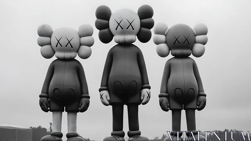Monochrome outdoor trio of stylized vinyl figure sculptures