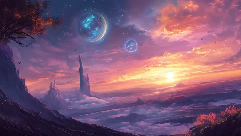 Twin moons over cotton clouds at a blazing violet dawn.