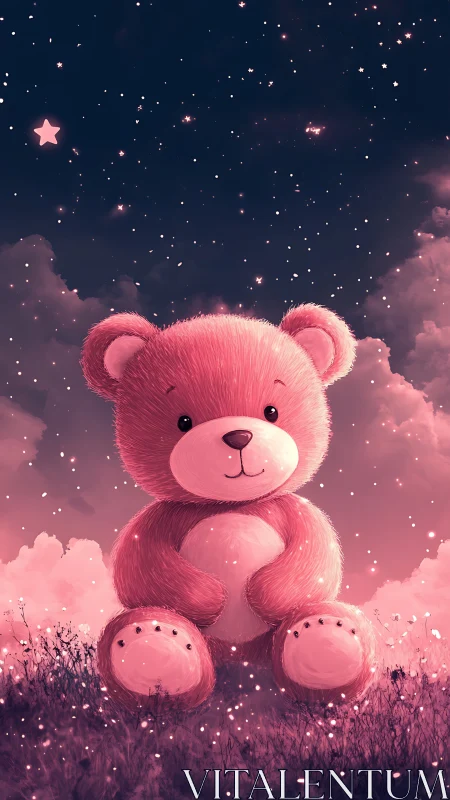 Pink teddy bear sits in glowing field under starry sky