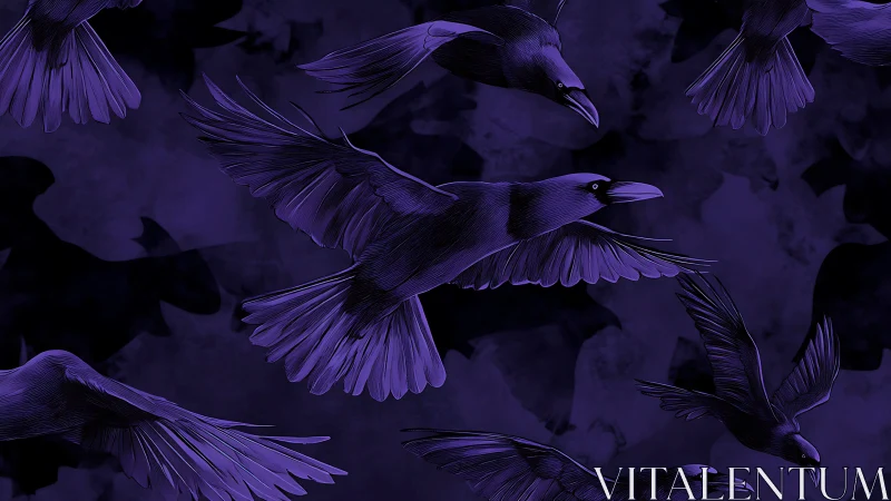 Midnight ravens drifting through a deep violet dreamscape.