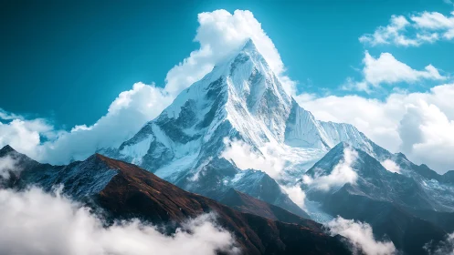 Snow-capped summit framed by dynamic clouds and teal sky.