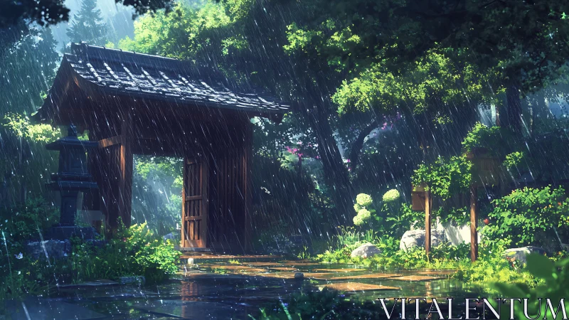Rain-soaked Japanese garden gate rendered in luminous digital art