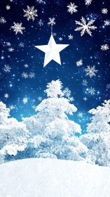 Snow-covered conifer trees under stylized star and flakes.