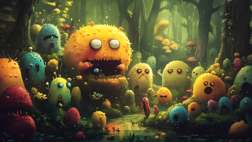 Playful fuzzy forest monsters sharing a magical meeting.