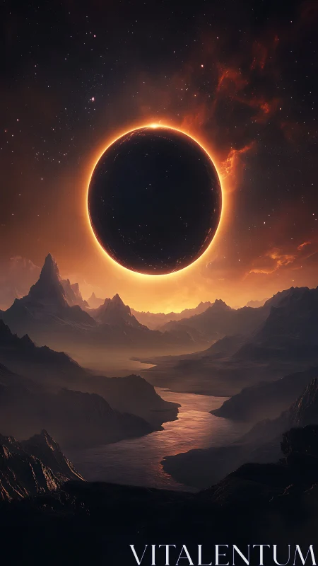 Solar eclipse crowns alien canyon in molten twilight sky.