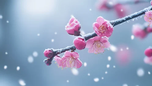 Snow-dusted pink blossoms extend across a blurred winter background