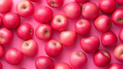 Glossy red apples form tight pattern on vivid pink background